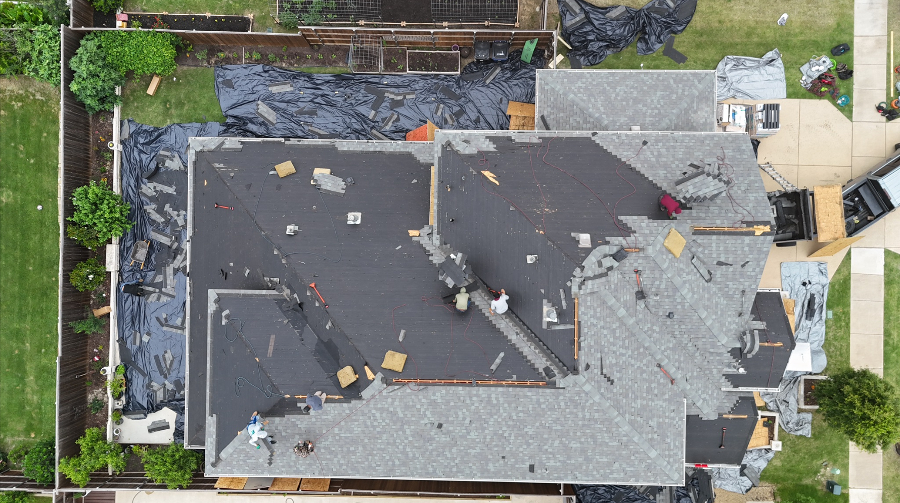Aerial view of roof replacement in progress